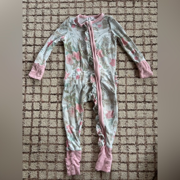 Angel Dear Other - Angel Dear Floral Footed One-Piece in Pink and Green